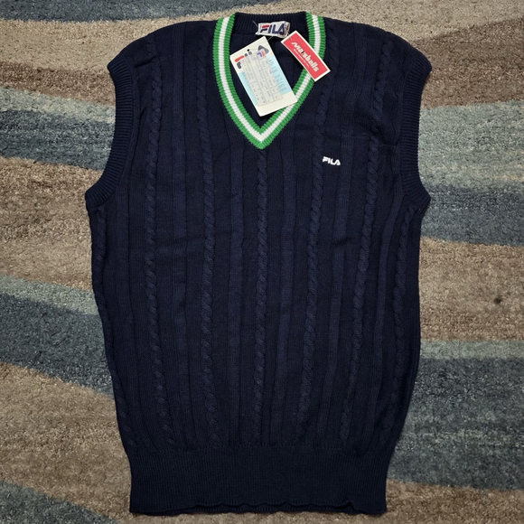 FILA Sweater Vest Mens 44 Navy Cable Knit V Neck Made In Italy NWT Vintage - Picture 2 of 11